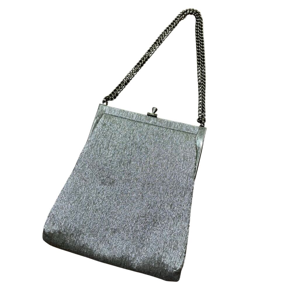 Vintage mid century silver lame fabric evening bag chain shoulder strap purse